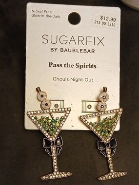 Sugarfix Green Crystal Martini Drop Earrings with Black Bow Accents